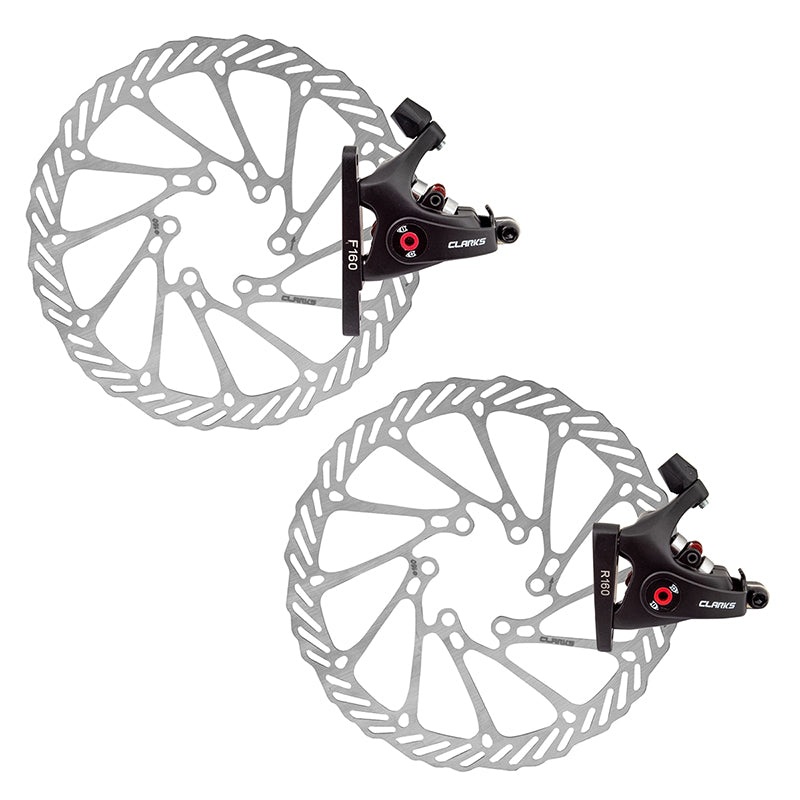 NEW Clarks CMD-22 Mechanical Disc Brake Caliper Set + Rotors 160mm Black Flat Mount Short Pull