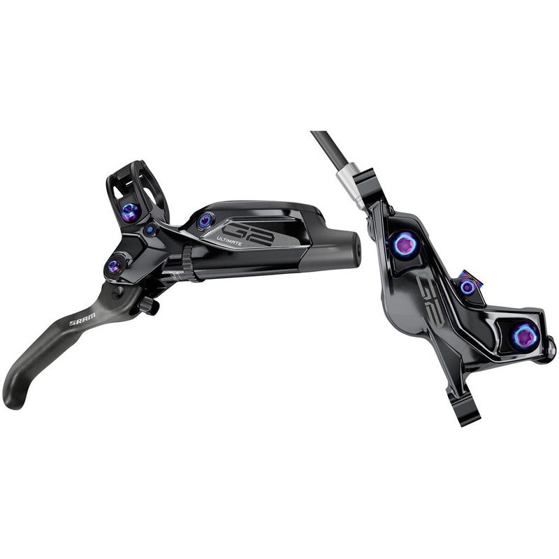 NEW SRAM G2 Ultimate Disc Brake and Lever – Rear, Post Mount, Carbon Lever, Titanium Hardware, Gloss Black with Rainbow Hardware, A2
