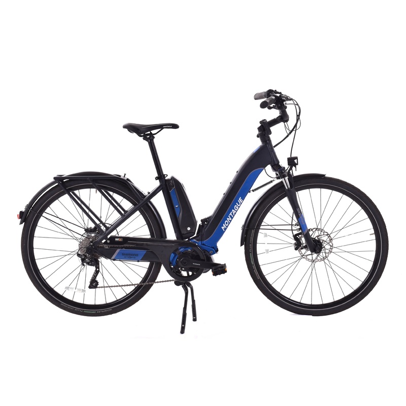 USED Montague M-E1 Electric Folding Trekking+ Bike Step Thru One Size Class 1 Shimano 250W Motor Blue
