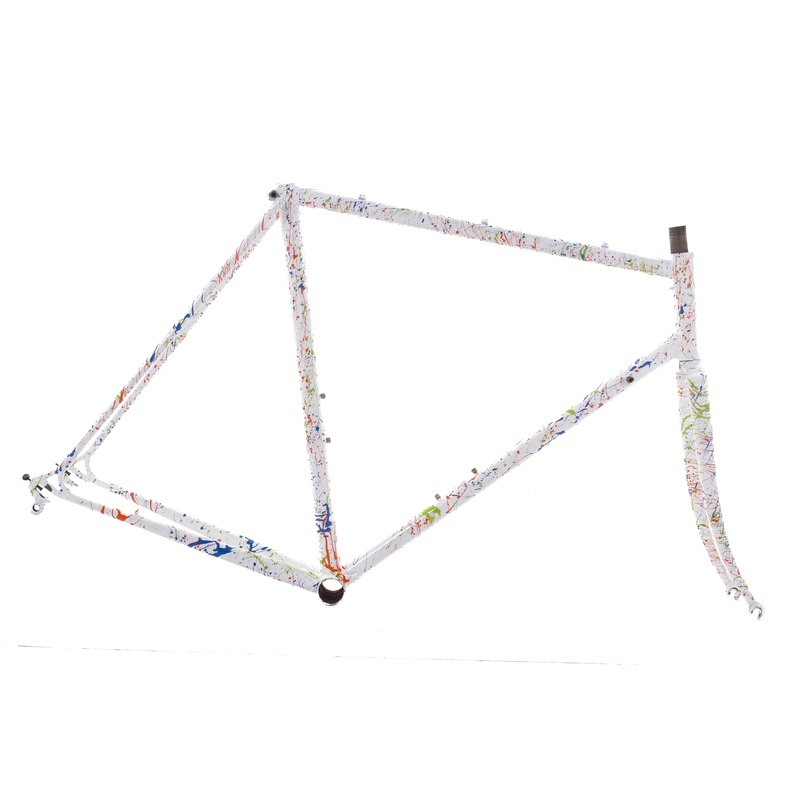 USED Vintage Lugged Steel Road Bike Frame 57cm Campagnolo Dropouts White/Multi-Color Splatter Re-Paint