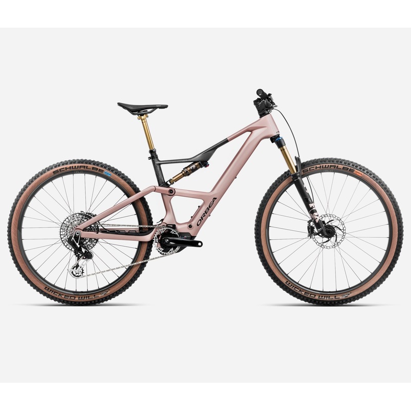 NEW 2025 Orbea Rise SL M-LTD Carbon 20mph E-Mountain Bike – SRAM XX Eagle Transmission AXS, Shimano EP801 RS Gen2 MC Desert Rose – Carbon Raw (Matte) S632 – 420Wh S