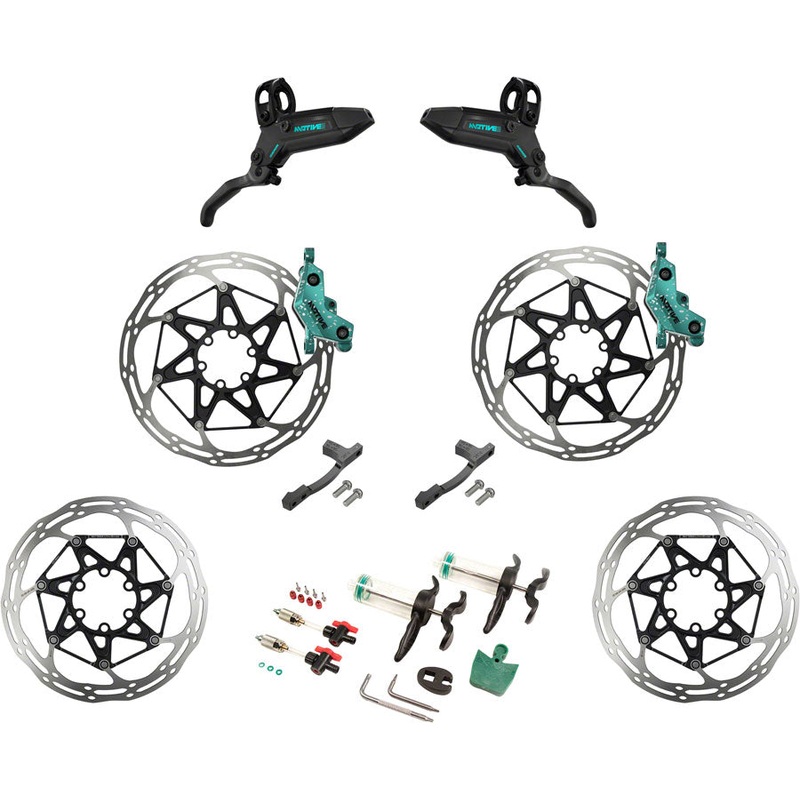NEW SRAM Motive Ultimate Stealth Expert Disc Brake Kit – Front/Rear Levers, Front/Rear Teal Splatter Calipers, Adapters, Rotors, Bleed Kit, A1